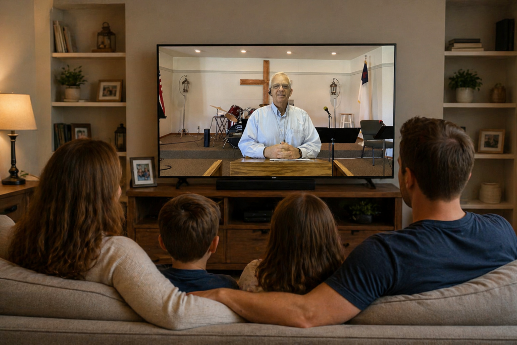 Family watching Grace Baptist Church Dallas Oregon sermon online from their living room