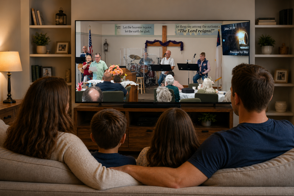 Family watching Grace Baptist Church Dallas Oregon sermon online from their living room