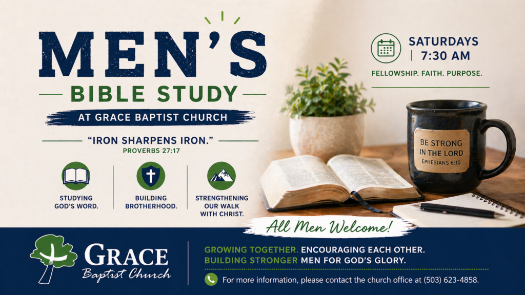 Men’s Bible Study at Grace Baptist Church with Bible, coffee mug, and invitation to grow in faith and brotherhood