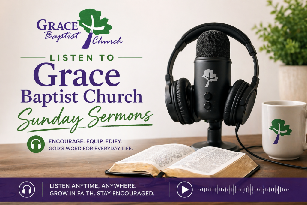 Listen to Grace Baptist Church Sunday sermons with microphone, headphones, and Bible representing audio preaching and biblical teaching