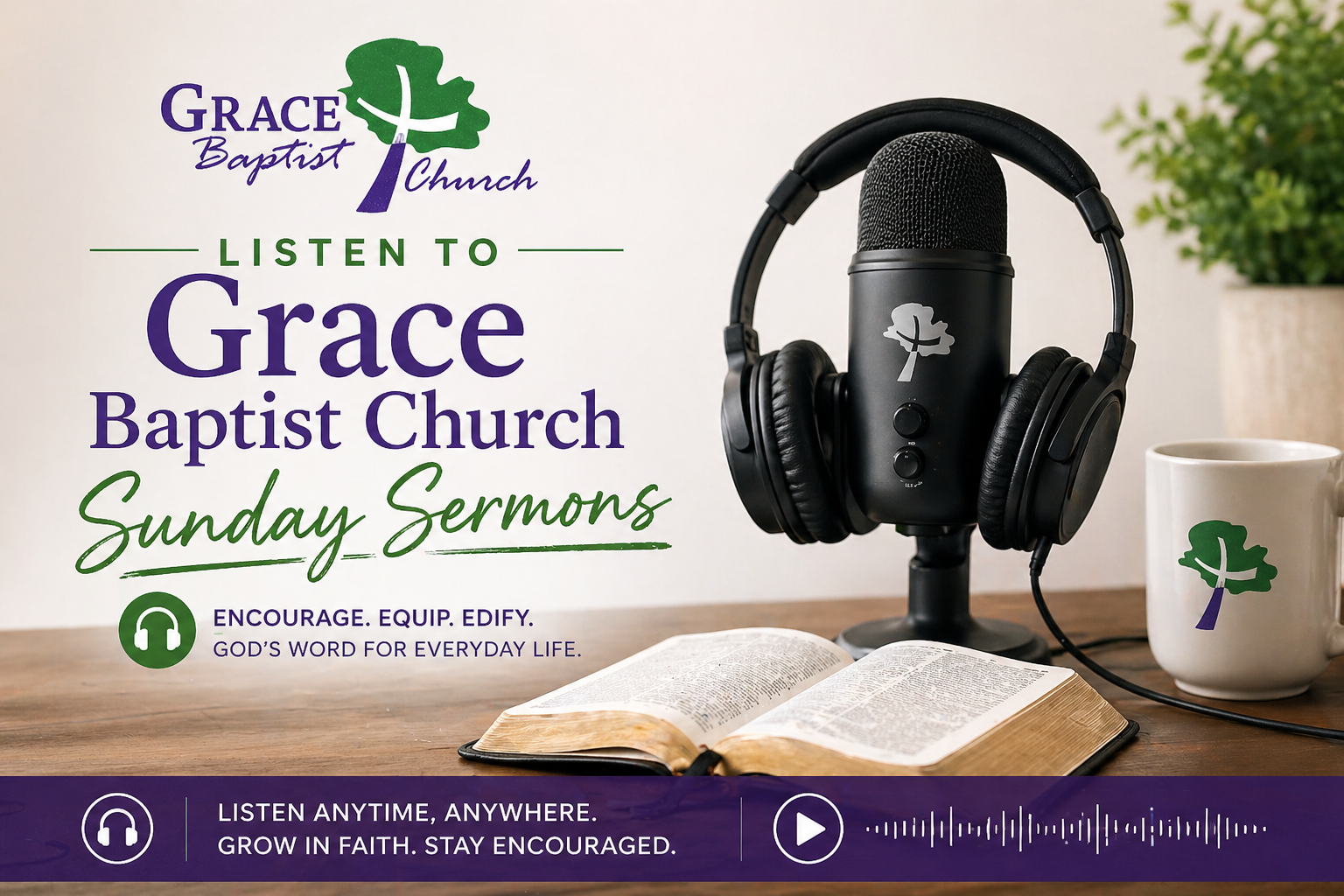 Listen to Grace Baptist Church Sunday sermons with microphone, headphones, and Bible representing audio preaching and biblical teaching