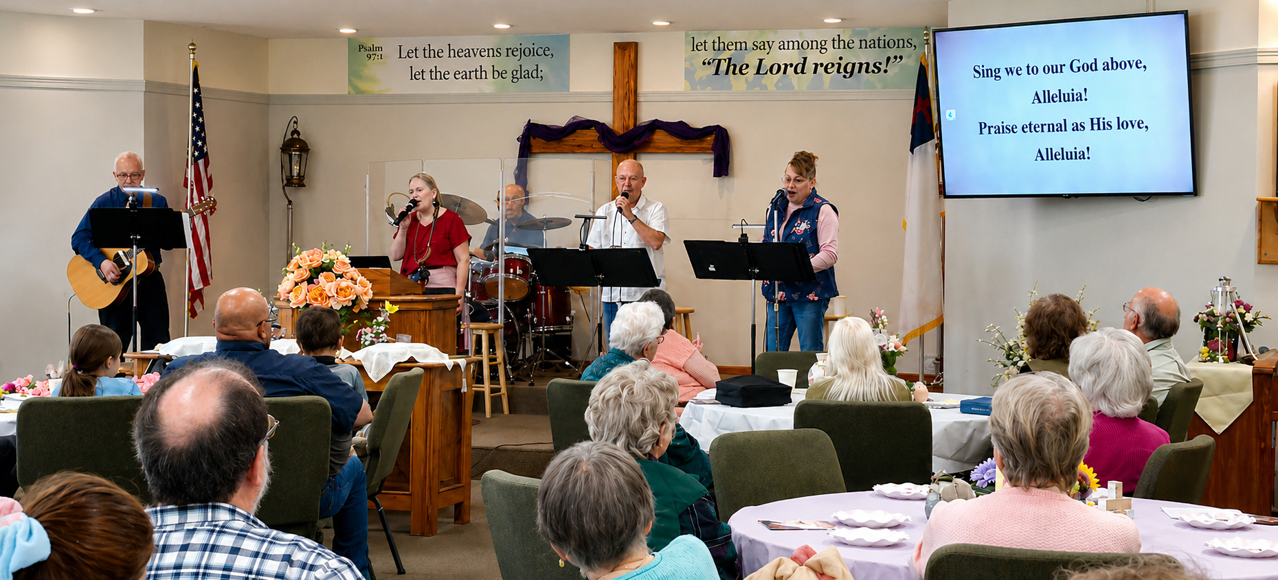 Worship service at Grace Baptist Church in Dallas Oregon with congregation and live music