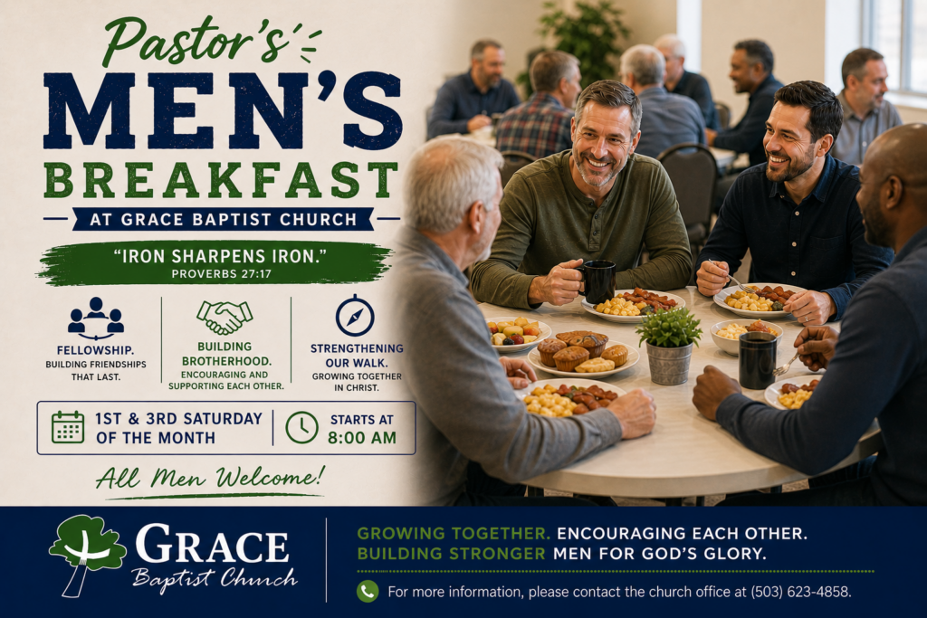 Men gathered at tables enjoying breakfast and fellowship at Grace Baptist Church Pastor’s Men’s Breakfast in Dallas Oregon